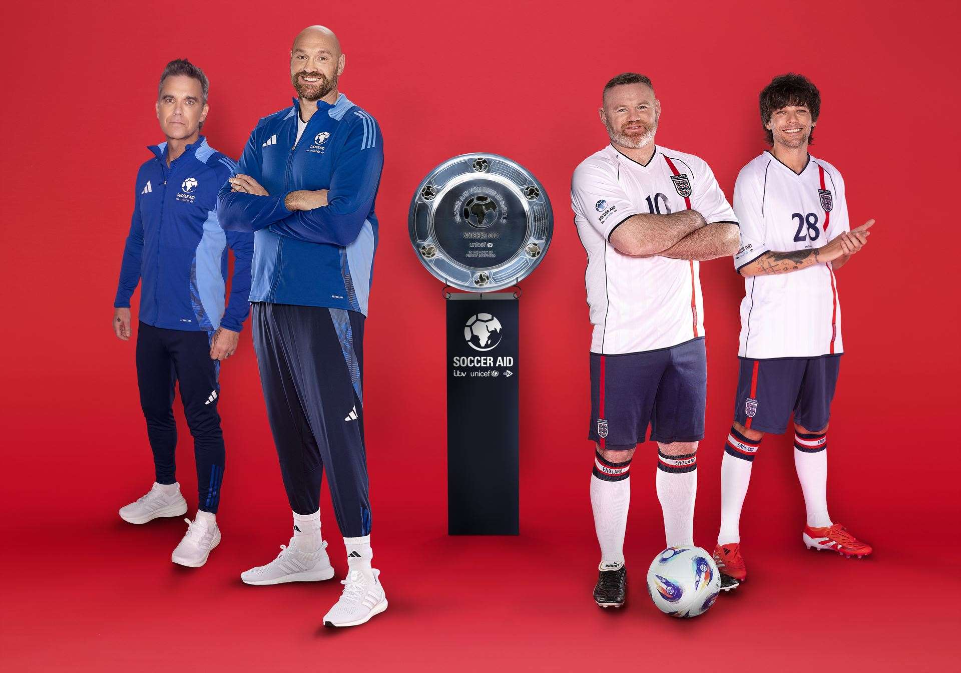 Tyson Fury, centre left, and Wayne Rooney, centre right, who will co-manage England at Soocer Aid 2025, flanked by Robbie Williams, left, and Louis Tomlinson, right (Soccer Aid 2025/PA)