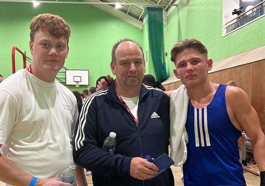 Charlie Jay (right), with his coaches at Attleborough Boxing Club, Marc Riley (left) and Tony Blencowe (centre)