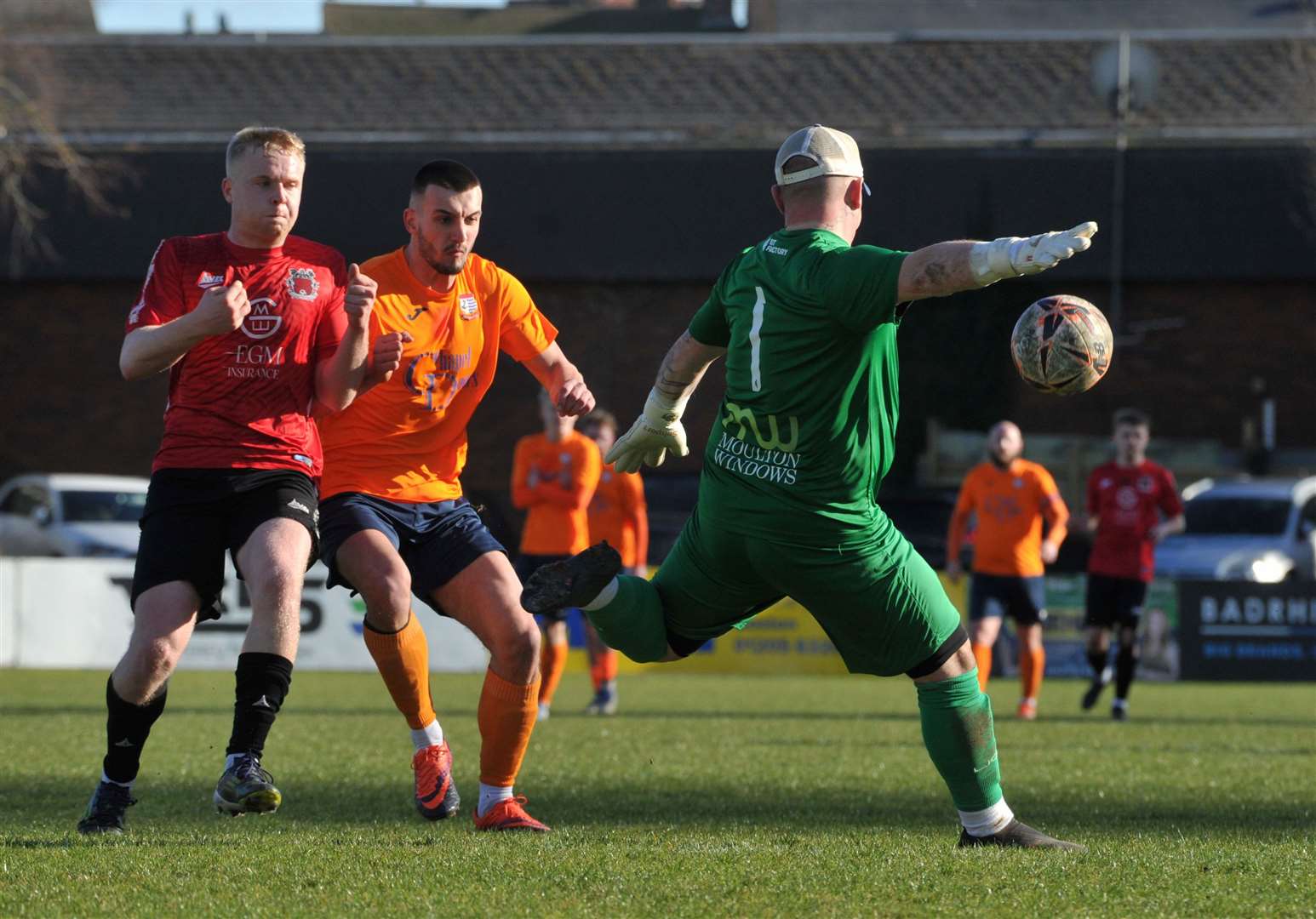 Assistant goalkeeper coach Bradley Moore stepped in due to illness in Diss’ 1-1 draw at Pinchbeck Picture: Chris Lowndes
