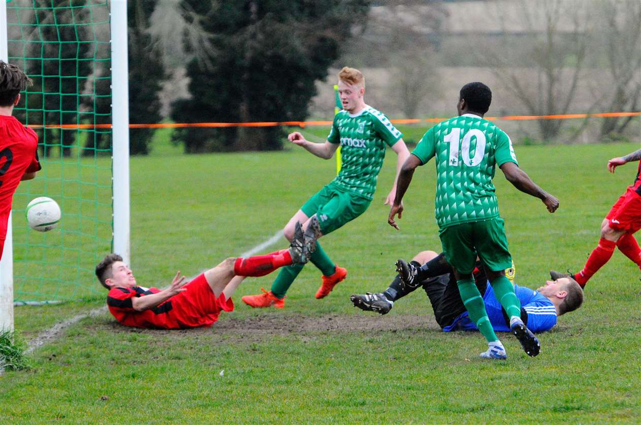 East Harling, Norfolk, 14/03/2020..Football action from East Harling v Wymondham...East Harling score a second goal..Picture: Mark Bullimore Photography. (31585293)