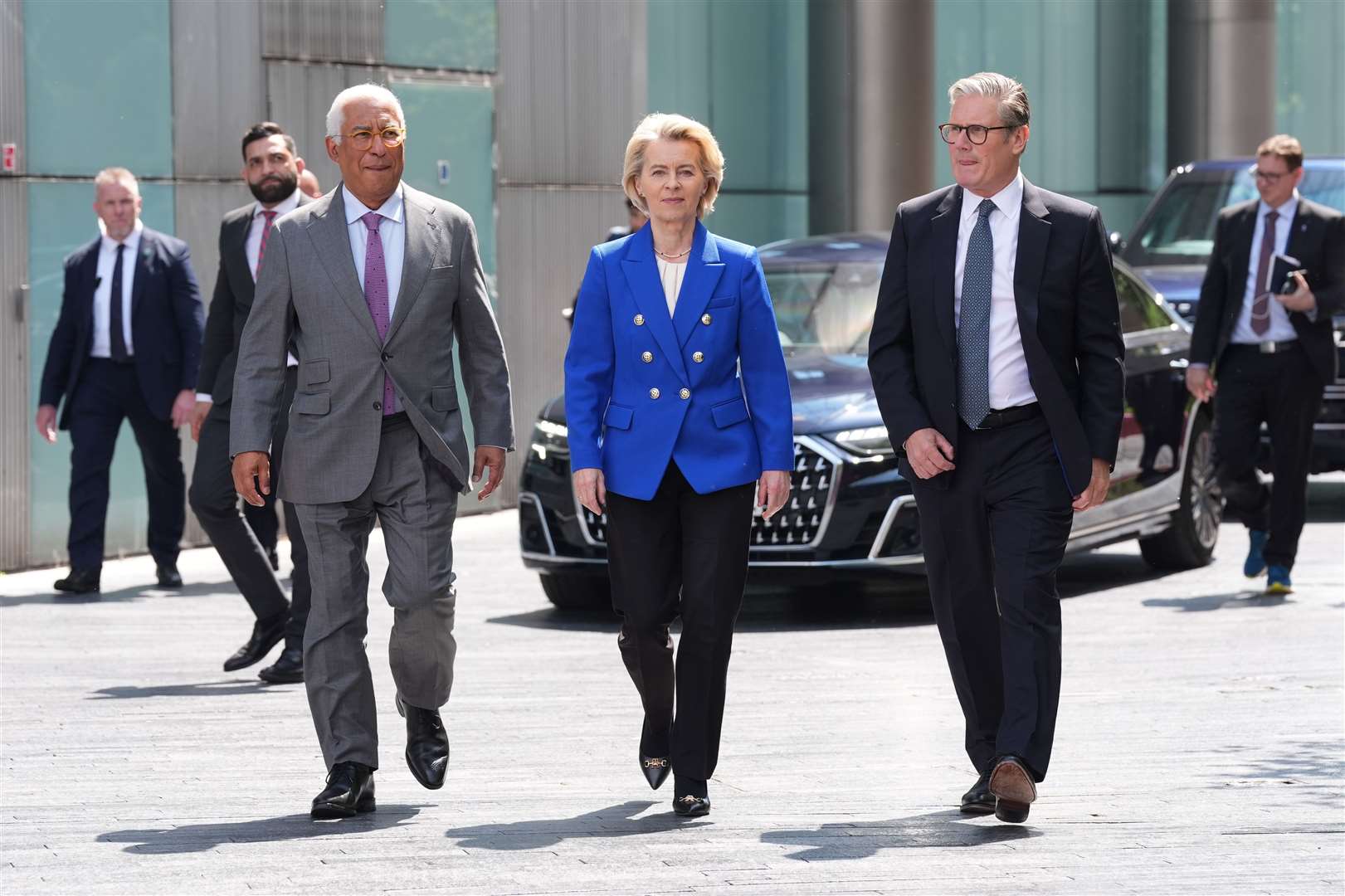 European Council President Antonio Costa, European Commission President Ursula von der Leyen and Prime Minister Sir Keir Starmer (Lucy North/PA)