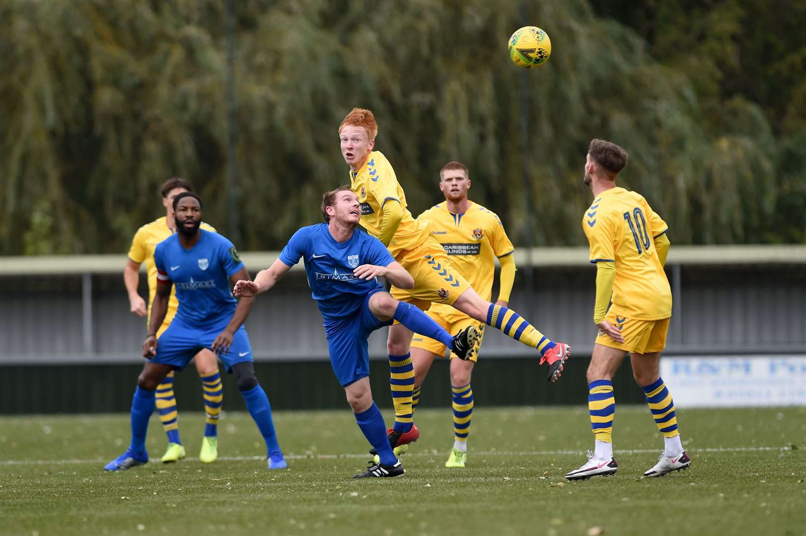 Ethan Mayhew wins a header for AFC Sudbury against Barking on what was a disappointing afternoon for the Yellows Picture: Mecha Morton