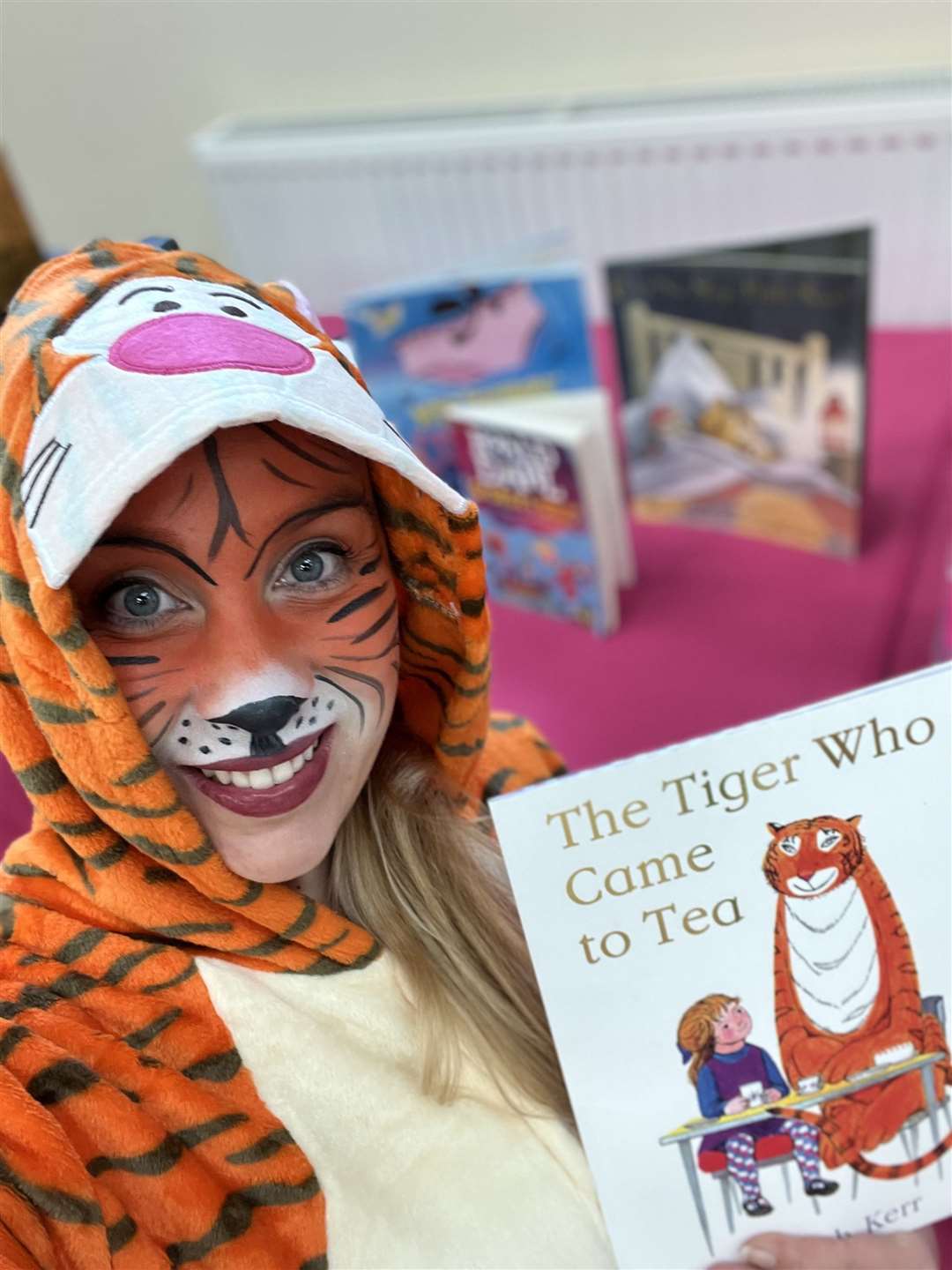 Donna Corbyn who runs Drama Tots in Diss, Stowmarket and Thetford, dressed as the tiger from The Tiger Who Came To Tea.