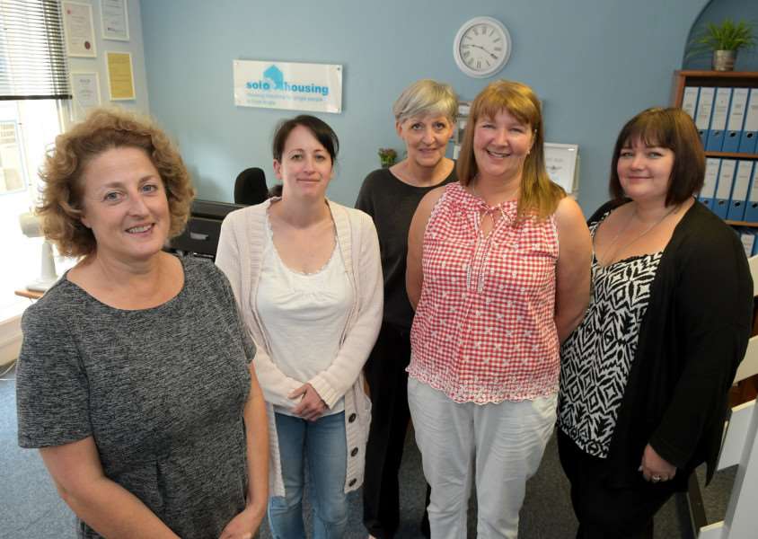 Diss, Norfolk. UKSOLO Housing new CEO, Carolyn ??Howell. Pictured with staff from left Steph McMahon, Bev McRickus, Alison Butcher and Christina Arnold. Picture: MARK BULLIMORE