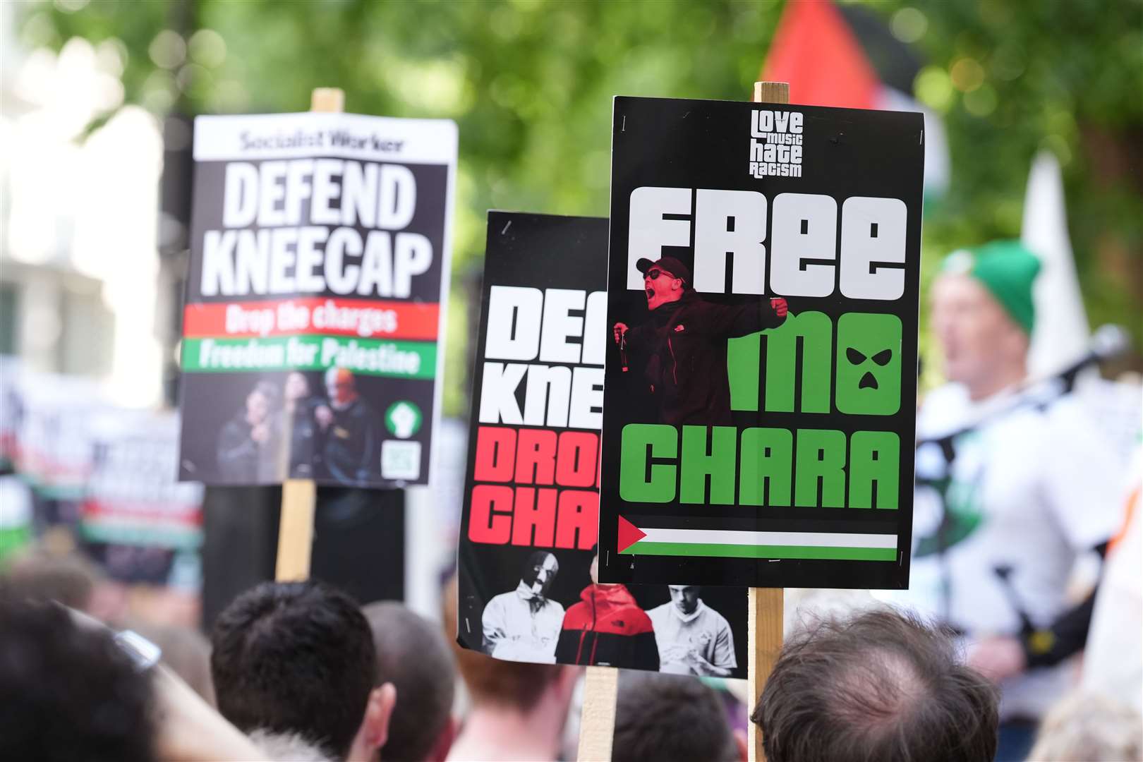 Supporters protested outside Westminster Magistrates’ Court when Kneecap’s Liam Og O Hannaidh appeared there earlier in June (Jonathan Brady/PA)