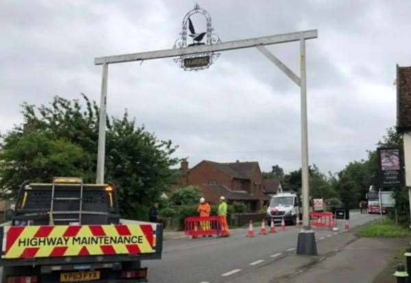 The arch was brought down in July 2022 after being struck by a vehicle. Picture: Stonham Parva Parish Council