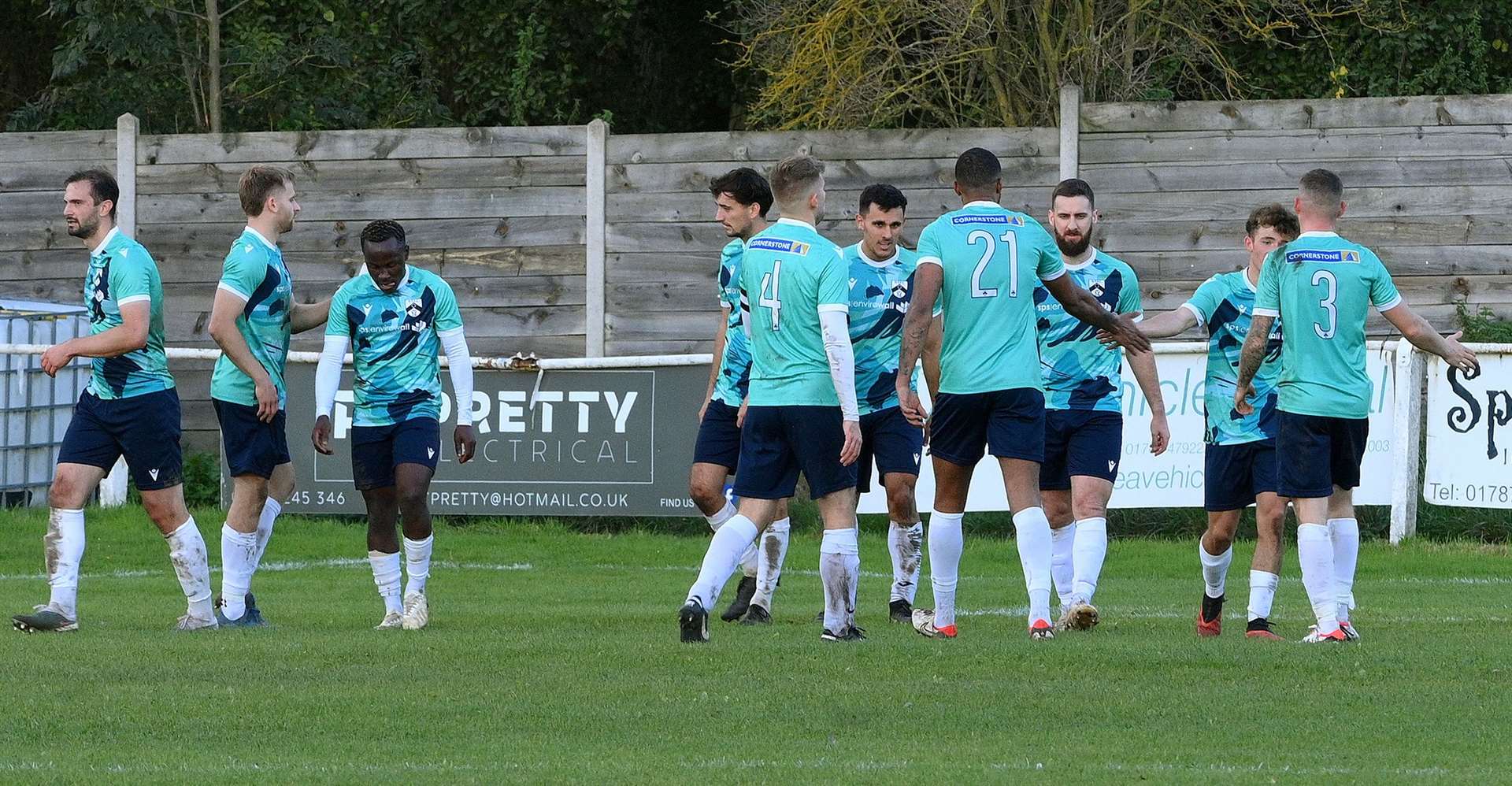 Harleston Town players celebrate a goal in the second half of their FA Vase victory at Halstead Town Picture: Mecha Morton