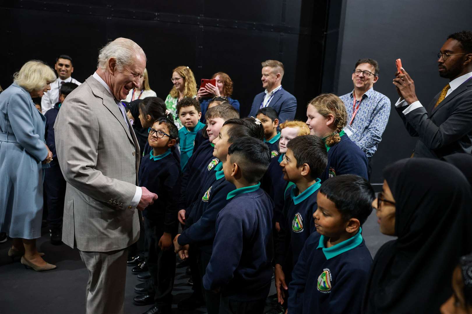 Charles and Camilla meeting local school pupils taking part in a Bradford City of Culture event (Phil Noble/PA)