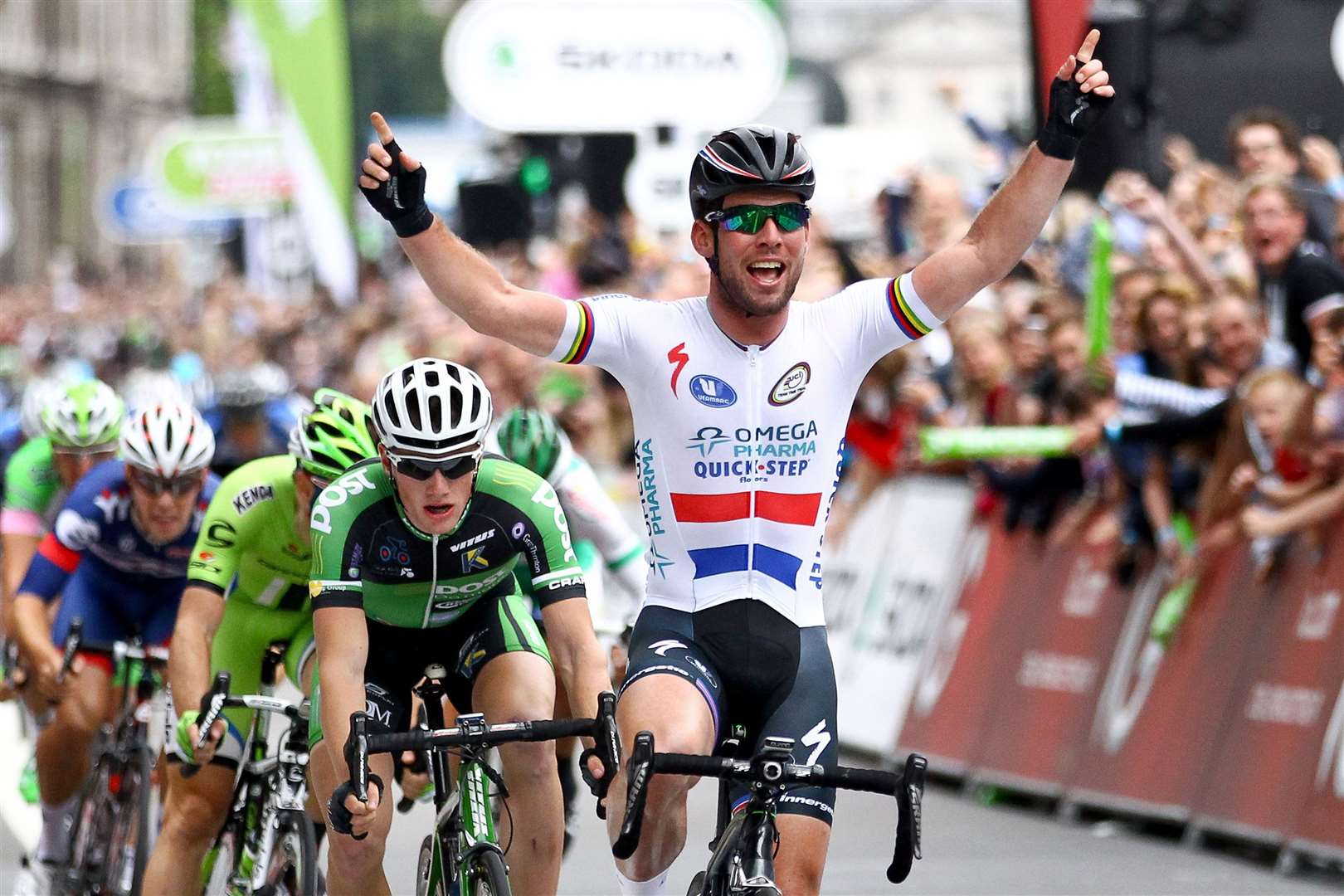 Mark Cavendish celebrates winning stage eight in a sprint finish in 2013. Picture: Alex Whitehead/SWpix.com