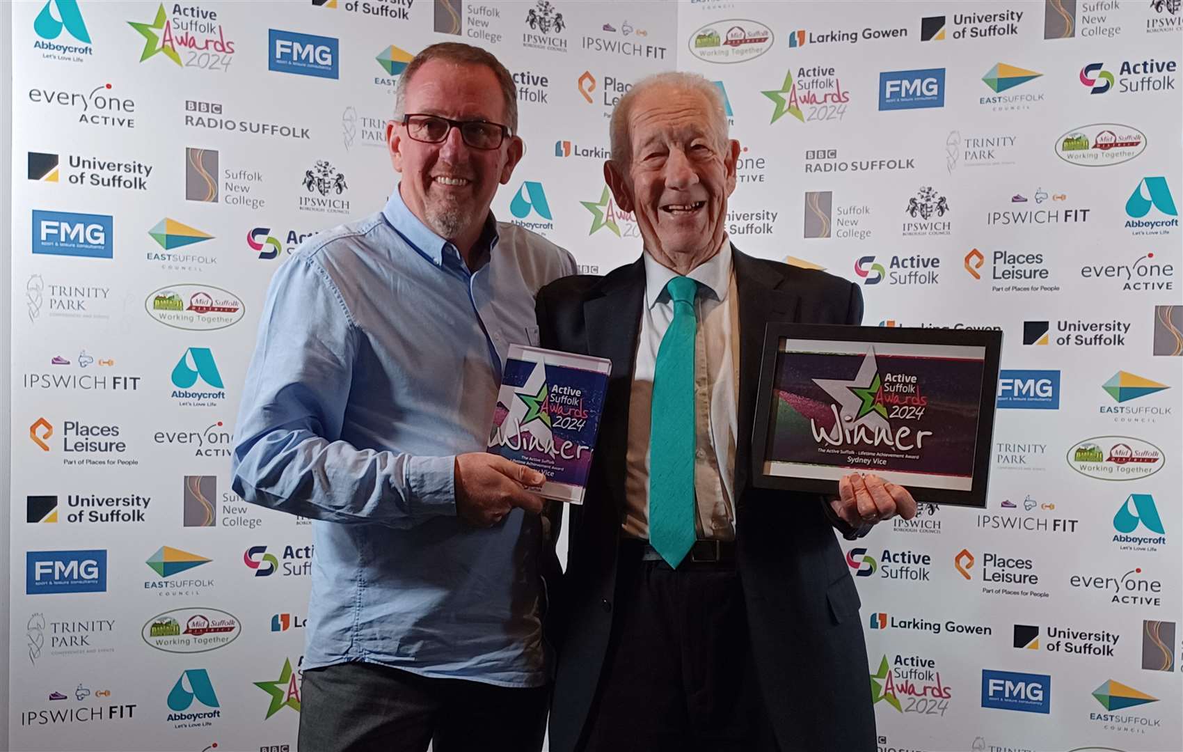 Syd Vice (right) after receiving the the Active Suffolk Lifetime Achievement Award award with Framlingham Town FC president Dean Warner (left). Picture: Suffolk FA