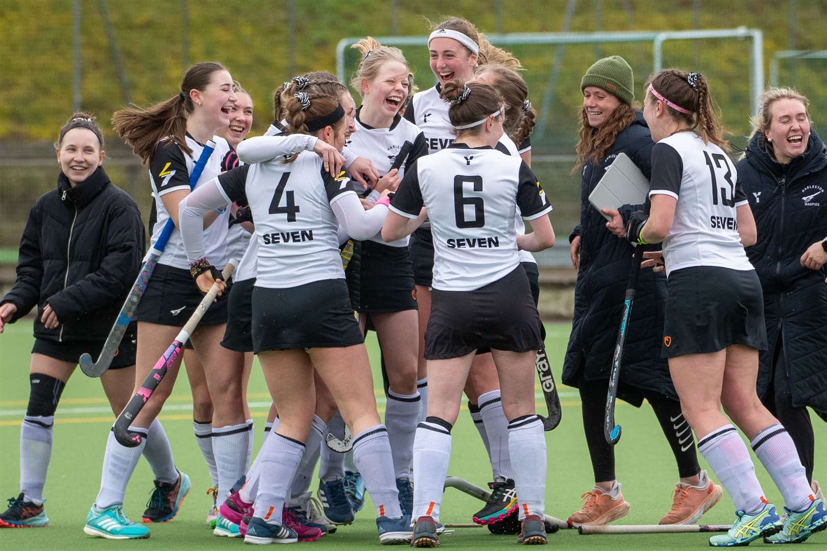 Harleston Magpies Ladies’ I celebrate after securing their Vitality Women’s League Division 1 South status for next season Picture: BAV Media