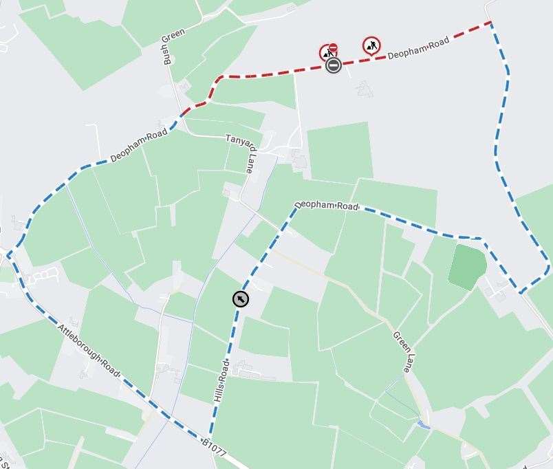 The diversion route for the road closure. Picture: Norfolk County Council