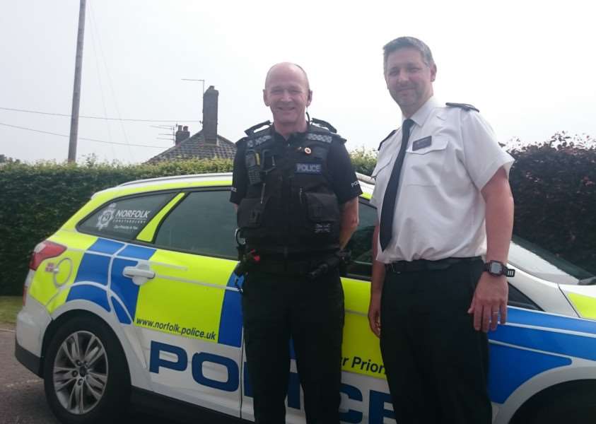 PC Tim Tyler (left) and Jim Squires at Diss Police Station.