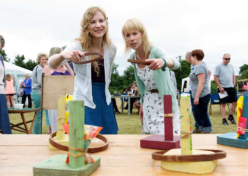 Shelfanger, Norfolk. Shelfanger Village Fete - Laura and Nicola Green playing Hoopla ENGANL00120130722104115