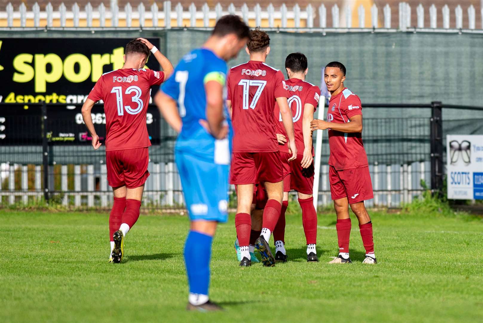 Thetford Town players celebrate Callum Olpin (far right) scoring in a 6-1 rout against Cornard United in the FA Vase first round proper at Mundford Road Picture: Mark Westley