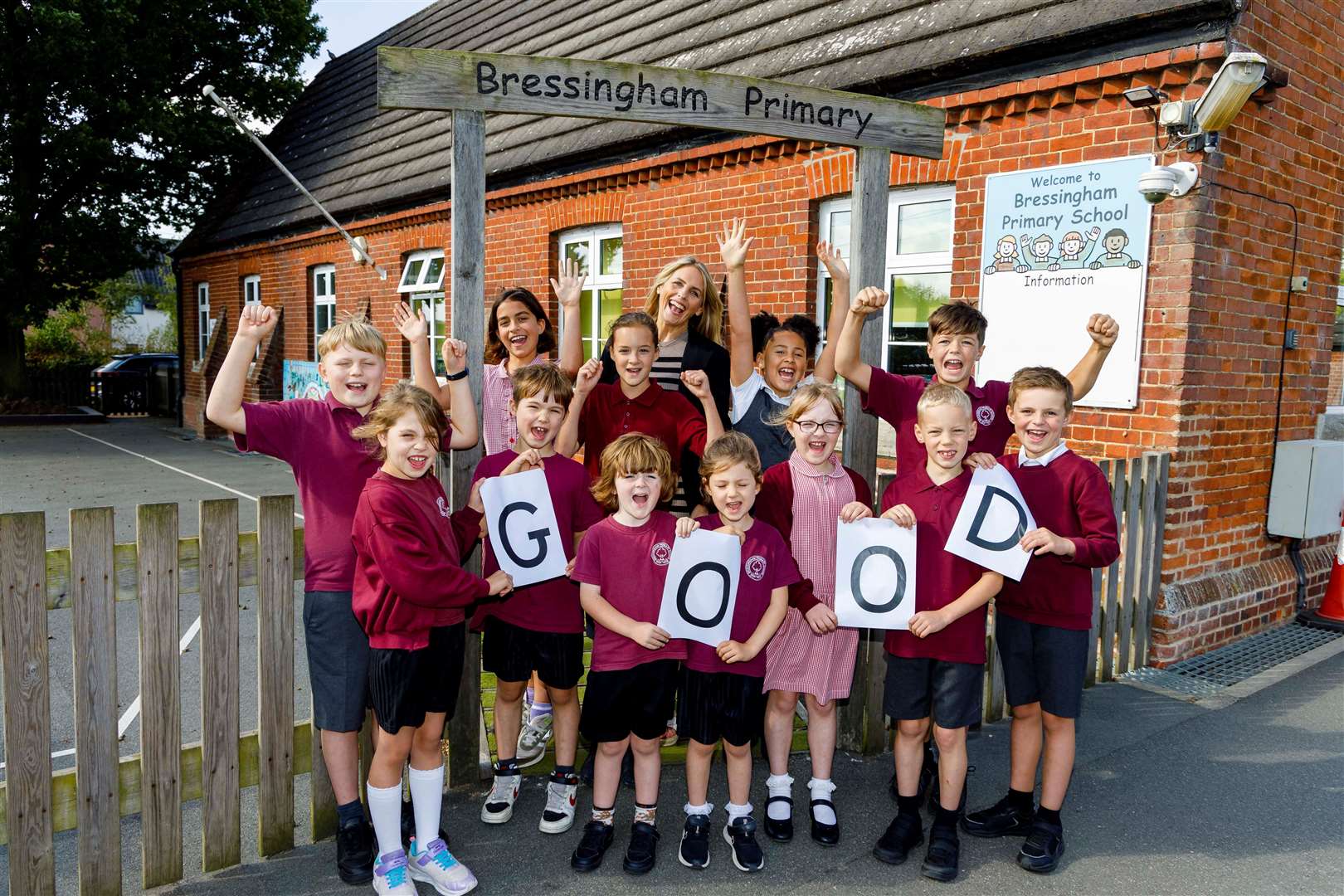 Headteacher Joanna Lewis celebrates with some of the school’s pupils.Picture: Mark Bulimore