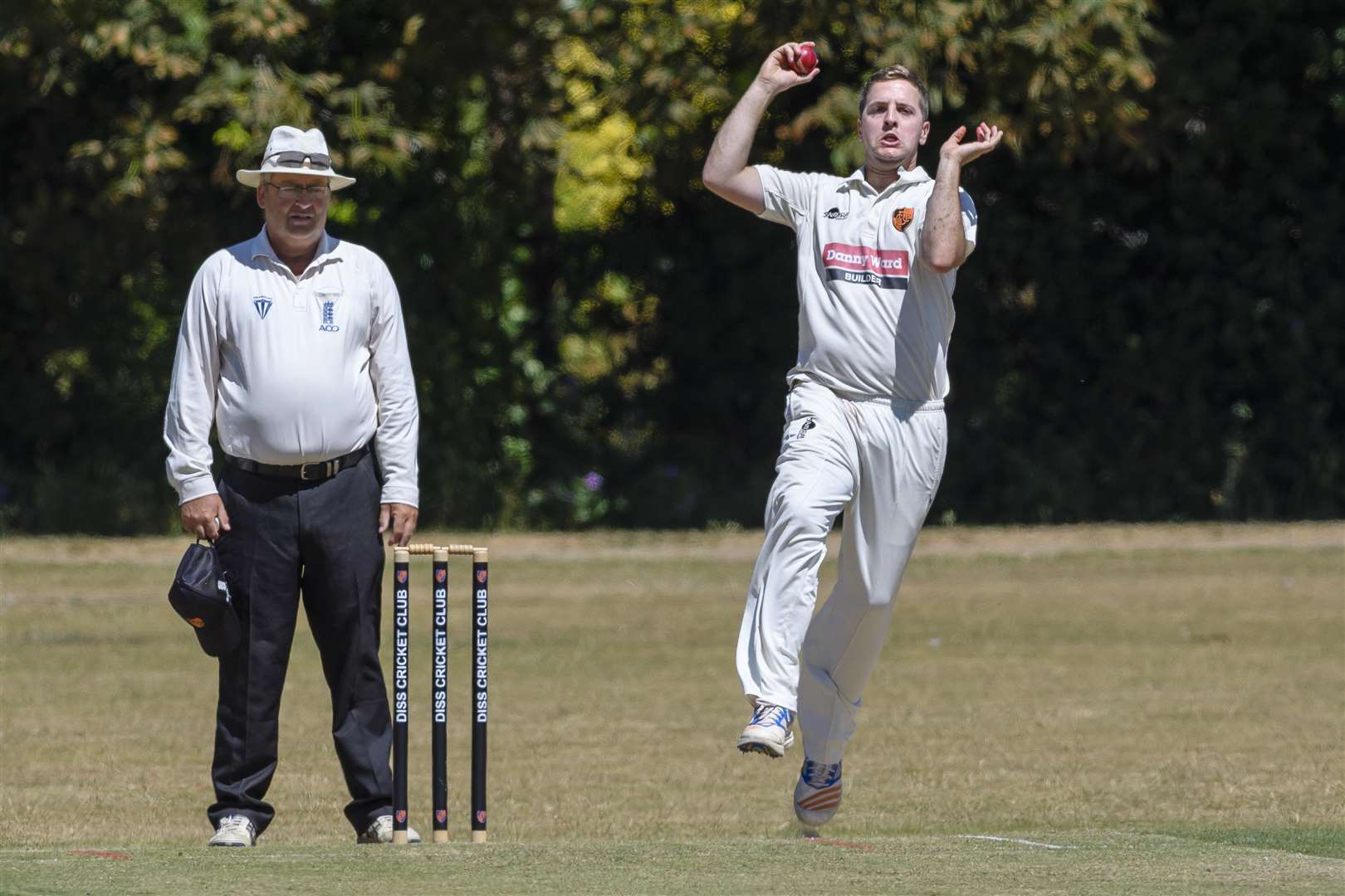 Diss, Norfolk. 30 June 2018 .Cricket action from Diss v Acle - Diss fielding - Mark Williamson bowling for DIss...Picture by Mark Bullimore Photography. (2802837)