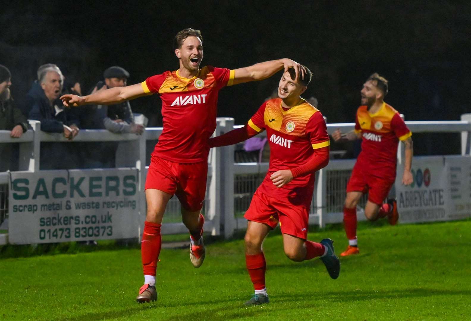 Cameron Nicholls (left) celebrates making it 3-0 to Walsham-le-Willows in their FA Vase tie with high-flying Potton United Picture: Mark Westley