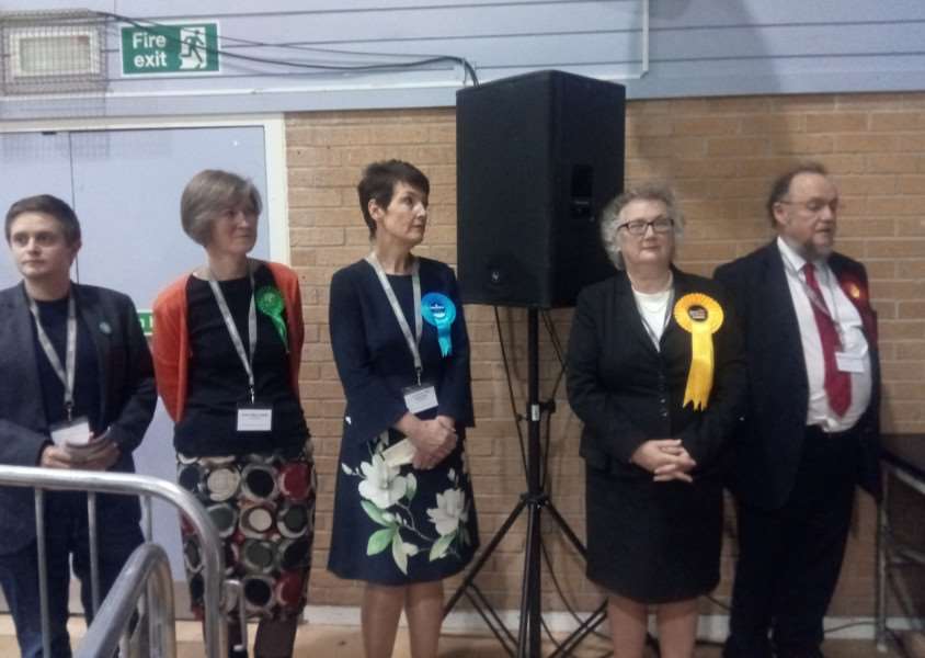 The candidates for the Bury St Edmunds constituency wait for the results to be announced.