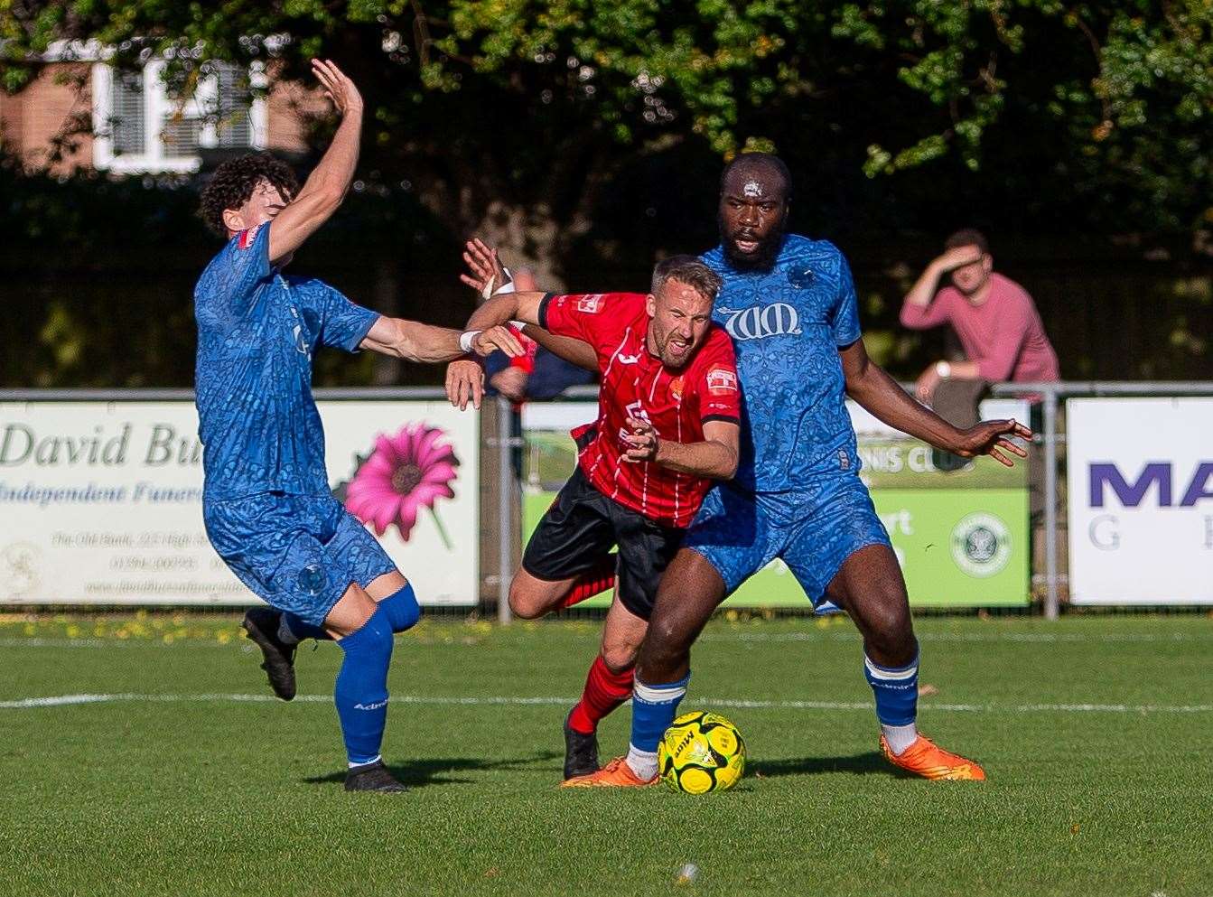 Felixstowe & Walton United's Jordan Matthews is brought down in the box for a first-half penalty against Walthamstow Picture: Stefan Peck