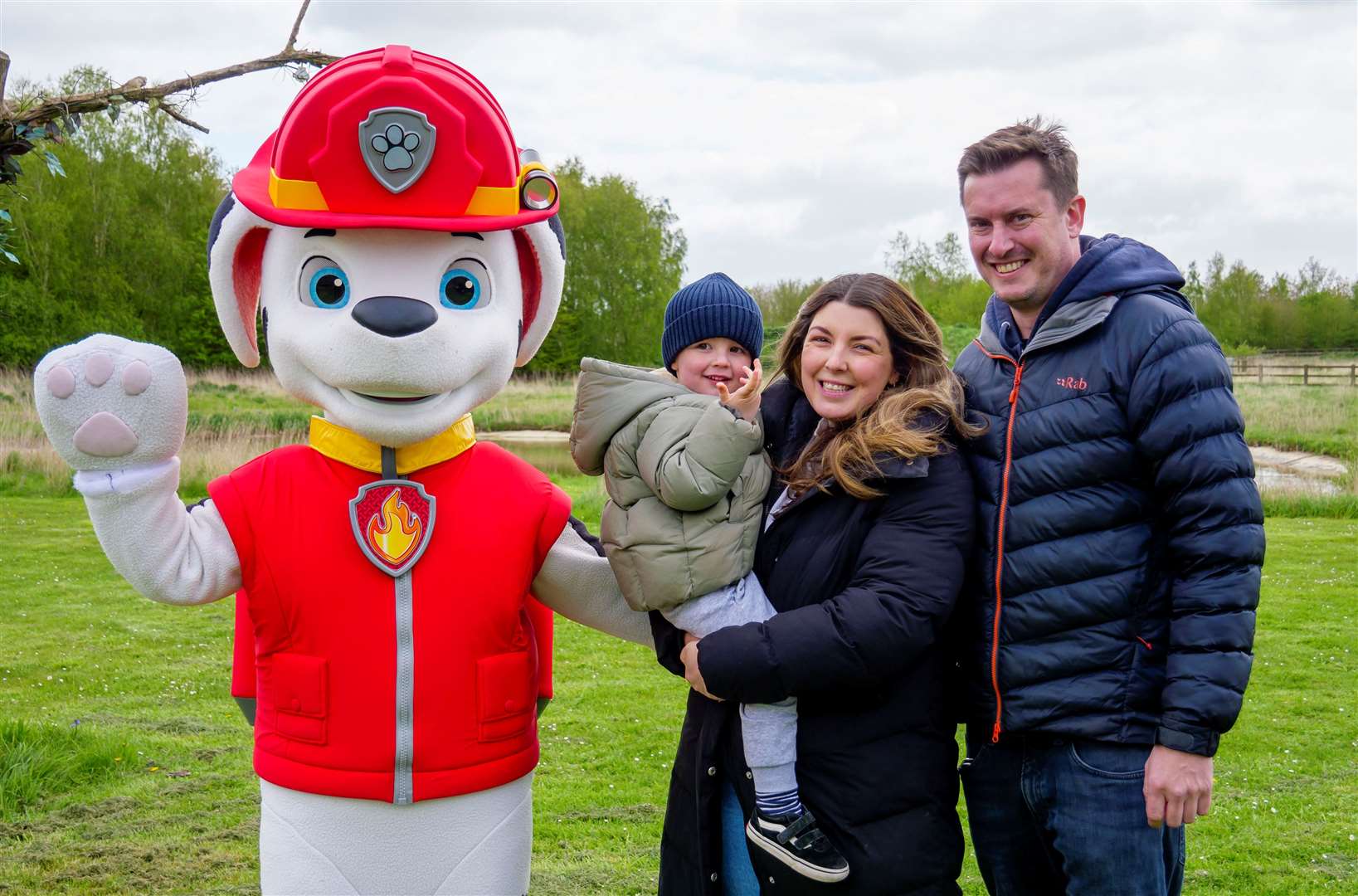 Banham, Norfolk, 20/04/2024TV’s Paw Patrol themed family fun day at Banham Zoo with fans getting the chance to meet Marshall, pictured are Marshall, Max Moffat, Lucy Wilcoxon and David Moffat. Picture: Mark Bullimore Photography 2024