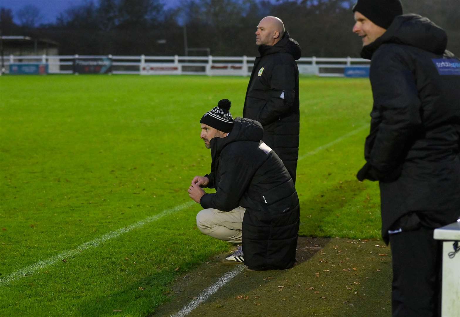 Joint Walsham-le-Willows managers Chay Budd (low) and Ian Hubbard (right) saw their side overcome Potton United 3-0 in the FA Vase at Summer Road on Saturday Picture: Mark Westley