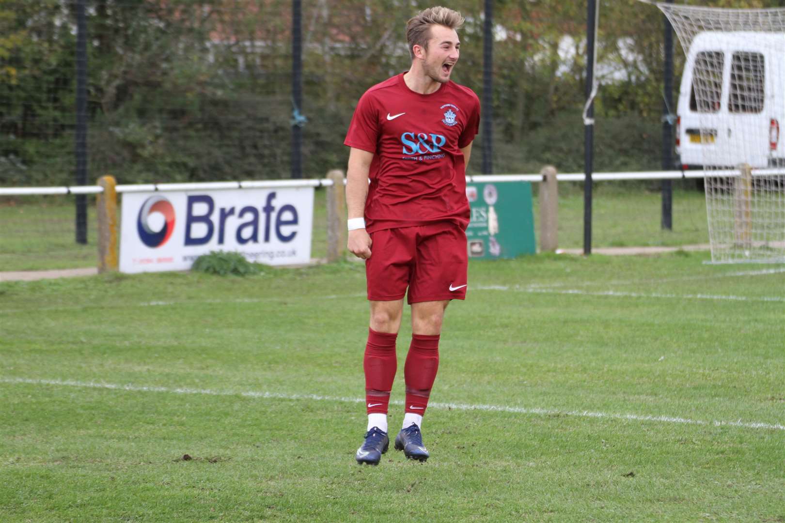 Harry French celebrates his goal for Thetford Town at Woodbridge Picture: Sean McKeon