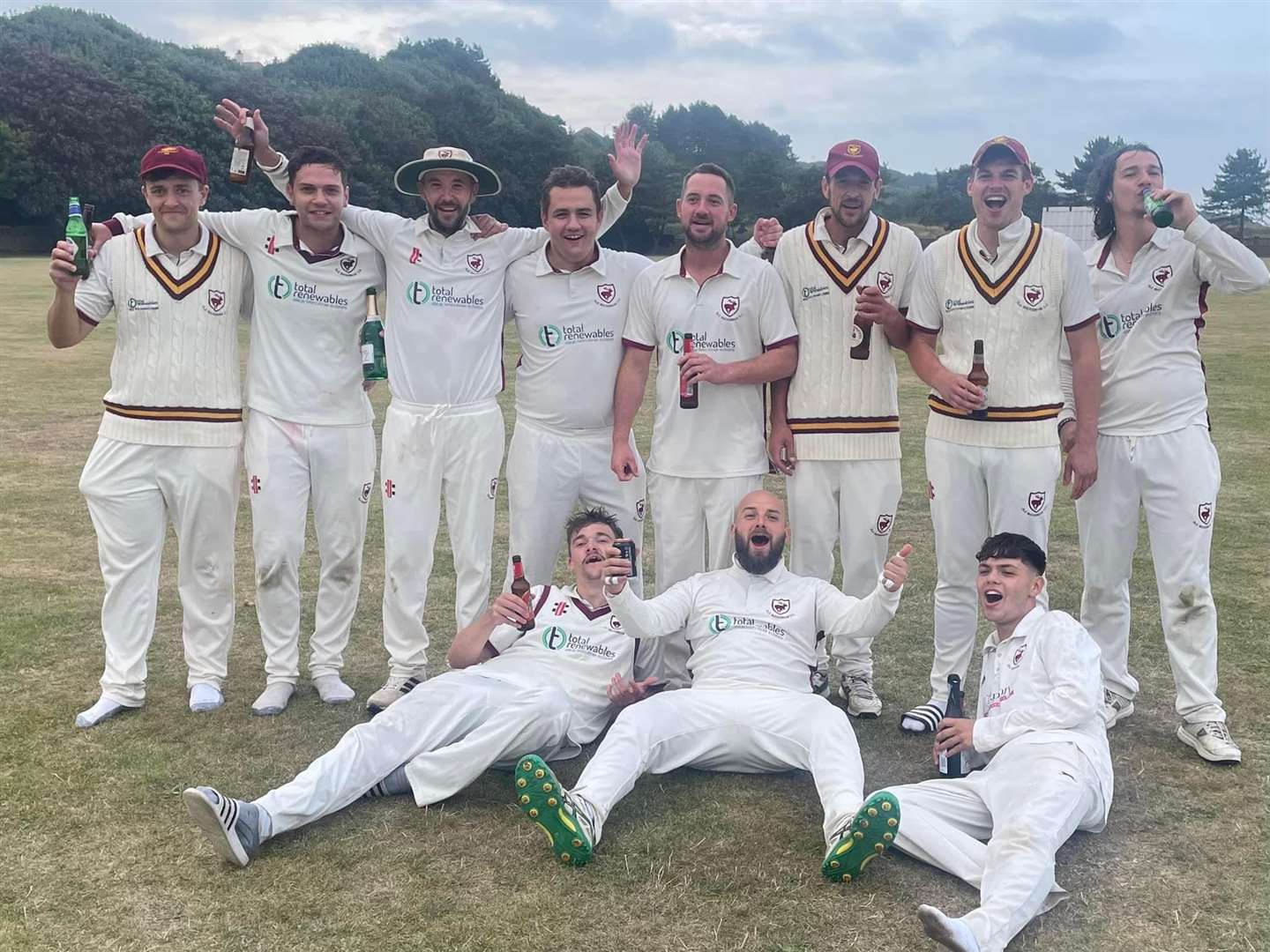 Old Buckenham, led by captain Matt Bint (back, left) celebrated their Lacons Brewery Norfolk Division One title victory on Saturday Picture: Contributed
