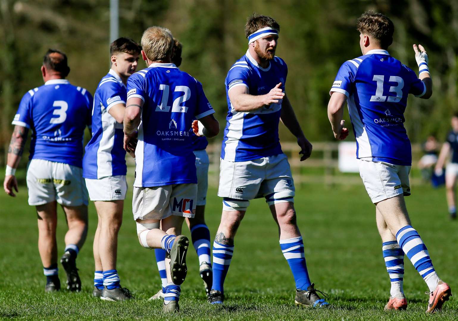 Diss players celebrate scoring their first try of the season-ending game against Ely Picture: Mark Bullimore
