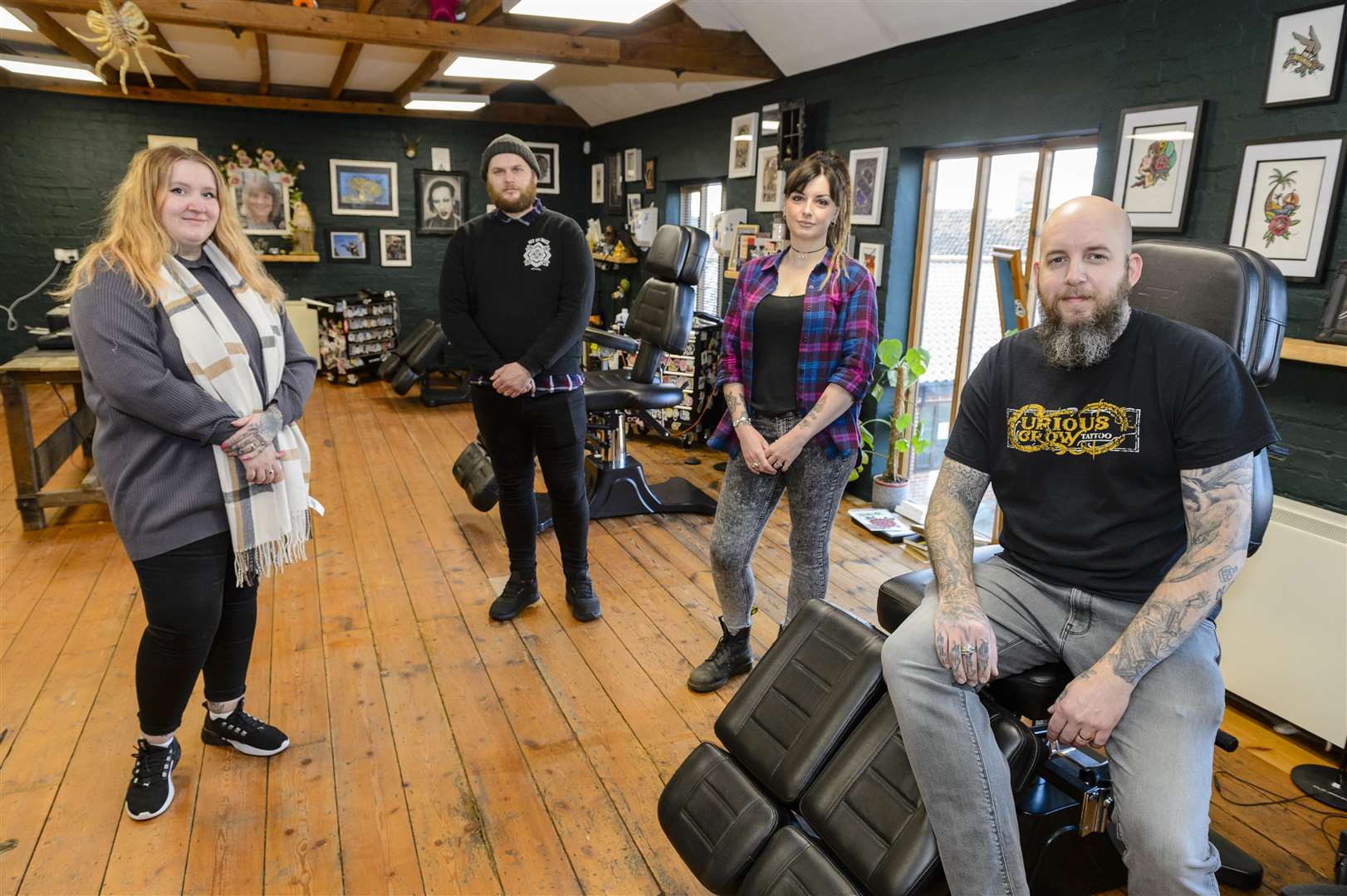 Pictured from left: Amy Husher, Damon Pearson, Lucy Harbour and Steve Bell at Curious Crow's new parlour in Diss. Picture: Mark Bullimore Photography 2022.