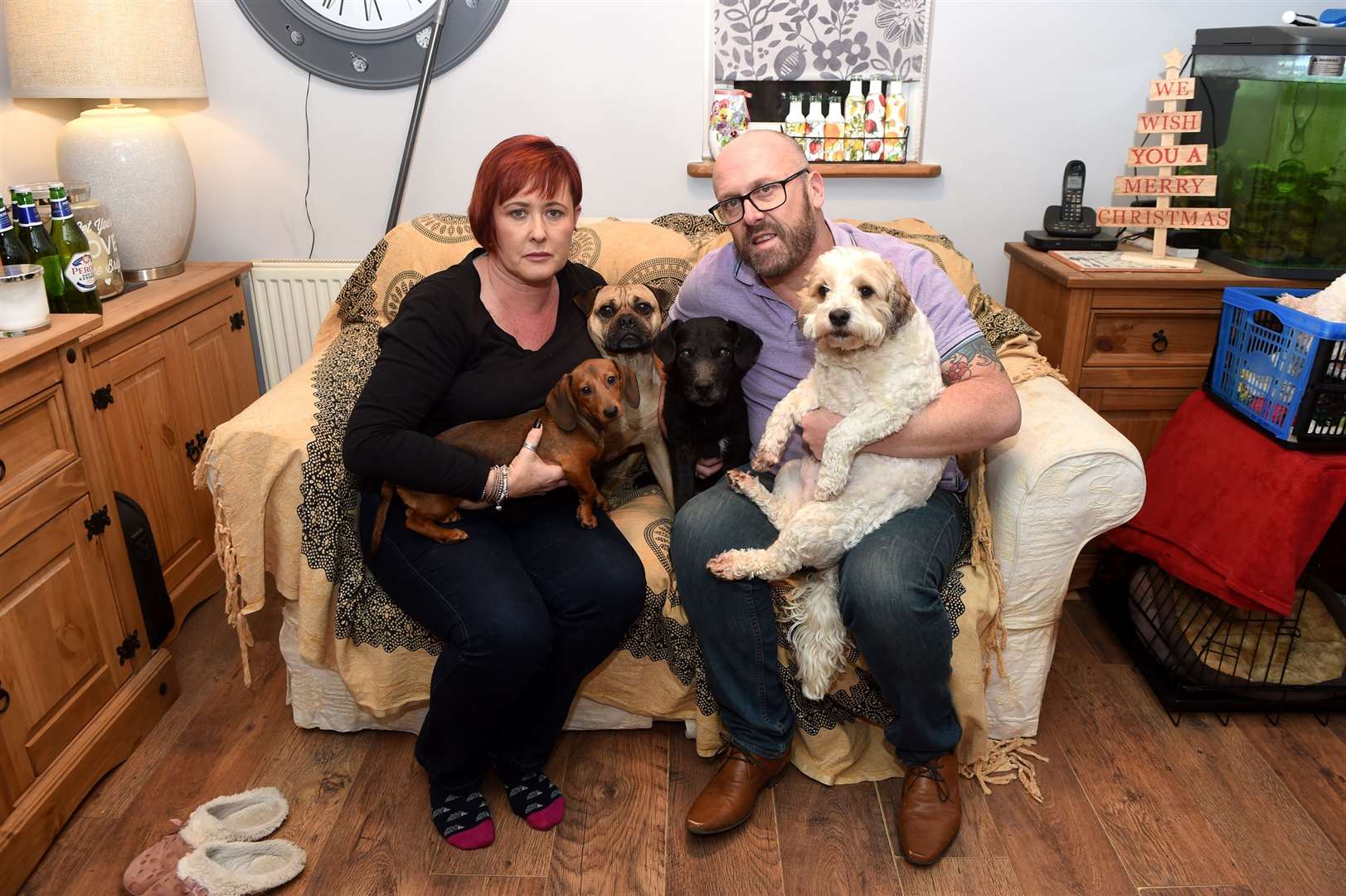 Gillian and Mark Chenery had to take their four dogs to the vet after they ate the poisonous treats. Pictured: Gillian and Mark Chenery with Dolly, Mollie, Rocky and Charlie. Picture by Mecha Morton.