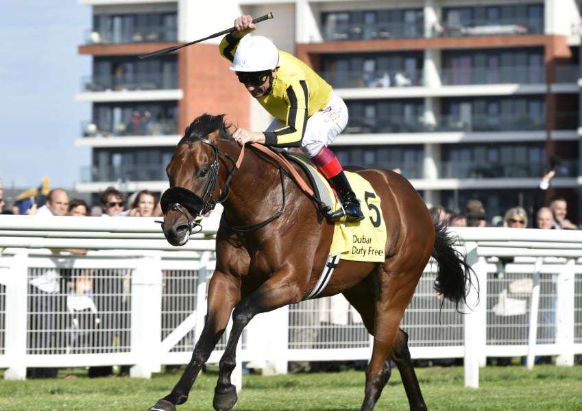 FULL FLIGHT: James Garfield on his way to victory in the Mill Reef. Picture: Newbury Racecourse