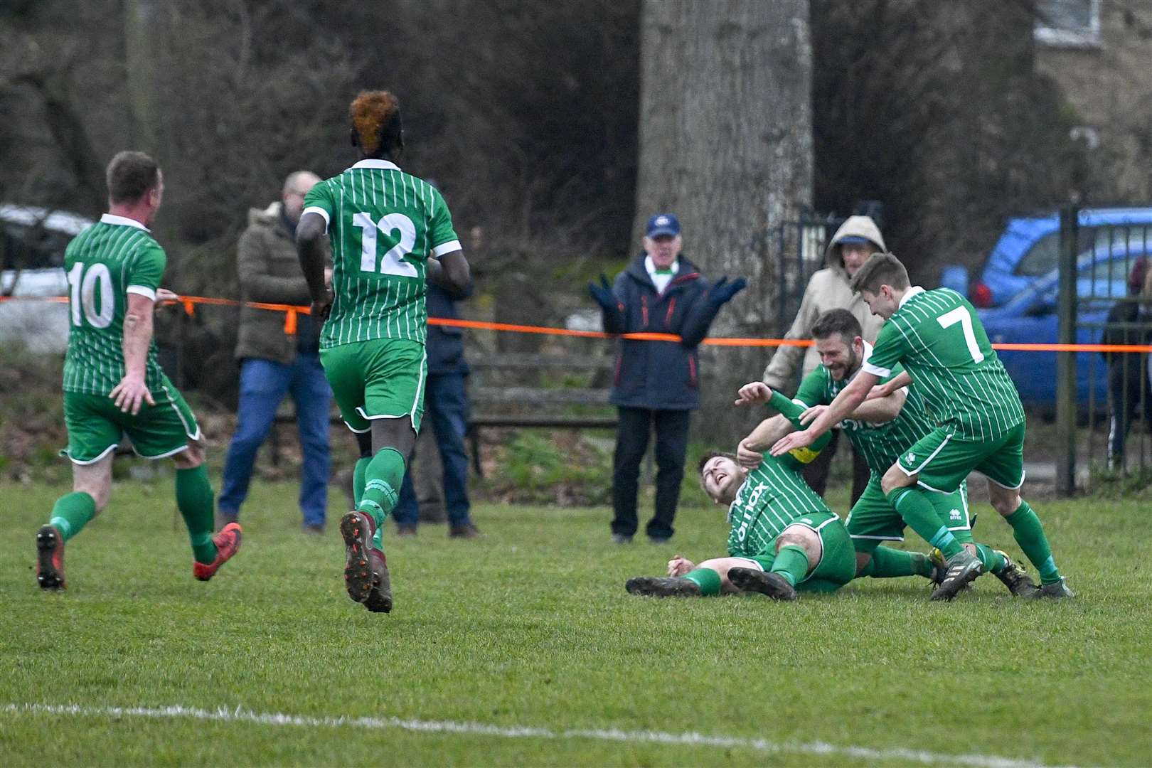 Football action of East Harling v Yelverton..East Harling players celebrate their goal. ..Picture by Mark Bullimore Photography. (7494880)