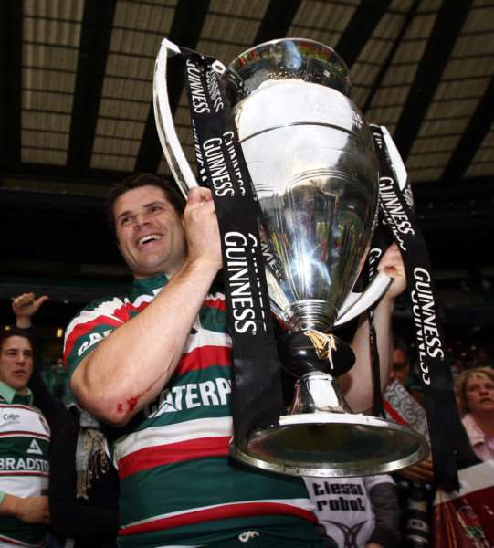 Leicester's Dan Hipkiss shows off the Guinness Premiership Trophy after the Guinness Premiership Final at Twickenham, London. PRESS ASSOCIATION Photo. Picture date: Saturday May 29, 2010. Leicester have won the Guinness Premiership final with a 33-27 victory over Saracens at Twickenham. See PA Story RUGBYU Premiership. Photo credit should read: David Davies/PA Wire. RESTRICTIONS: Use subject to restrictions. Editorial use only. No commercial use. Call +44 (0)1158 447447 for further information. B15241791275160265A