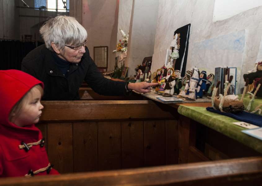 Jenny Vere and others have created over 50 bible scenes out of knitted figures and props to be displayed in St Nicholas Church, North Lopham. Anne Wood + gran daughter Rosie