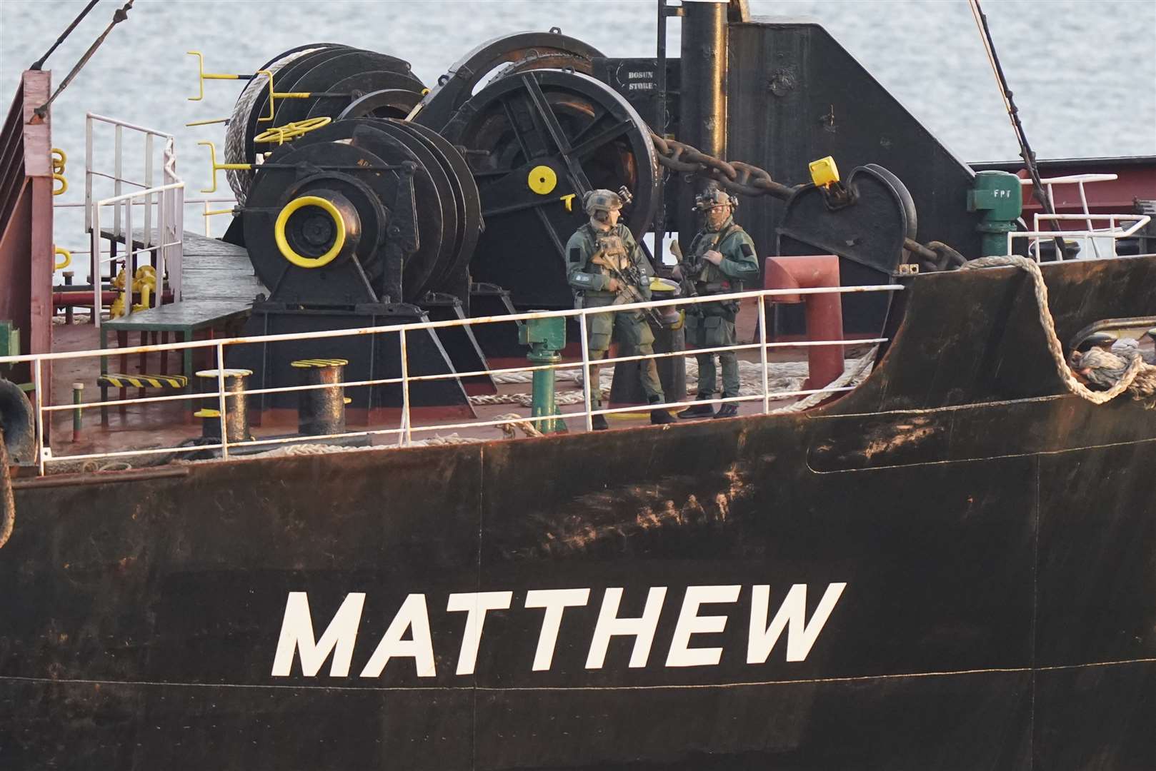 Military personnel onboard a cargo vessel named MV Matthew (Niall Carson/PA)