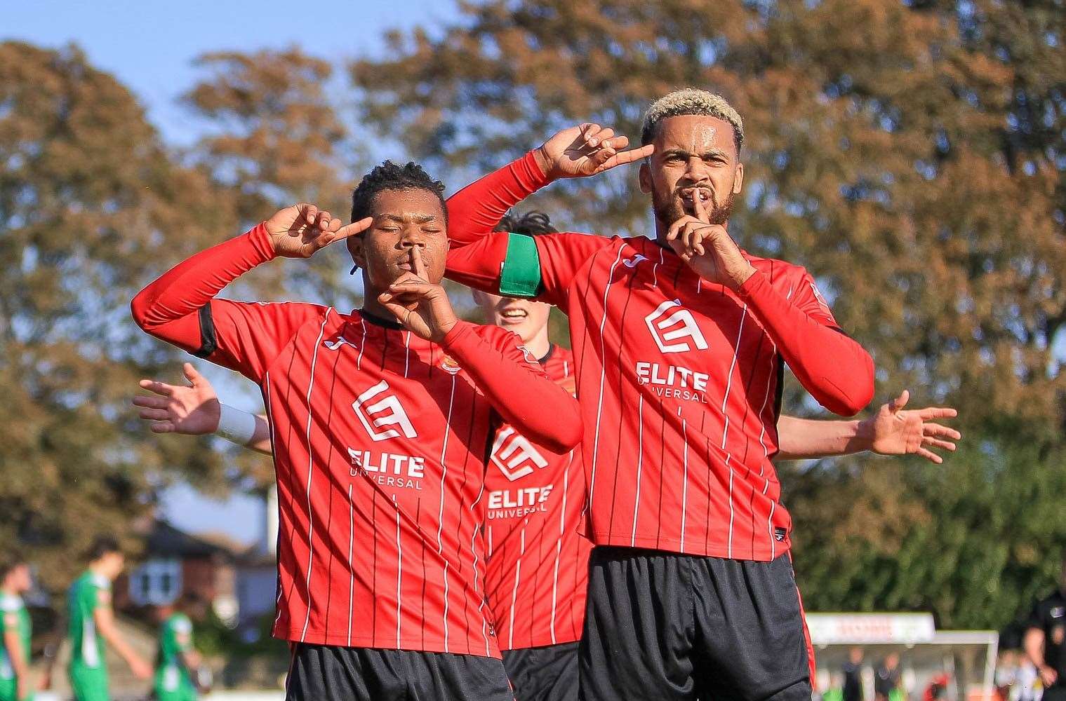 Goalscorer Cameron Forde-Brown and Noel Aitkens celebrate for Felixstowe & Walton United. Picture: Stefan Pack