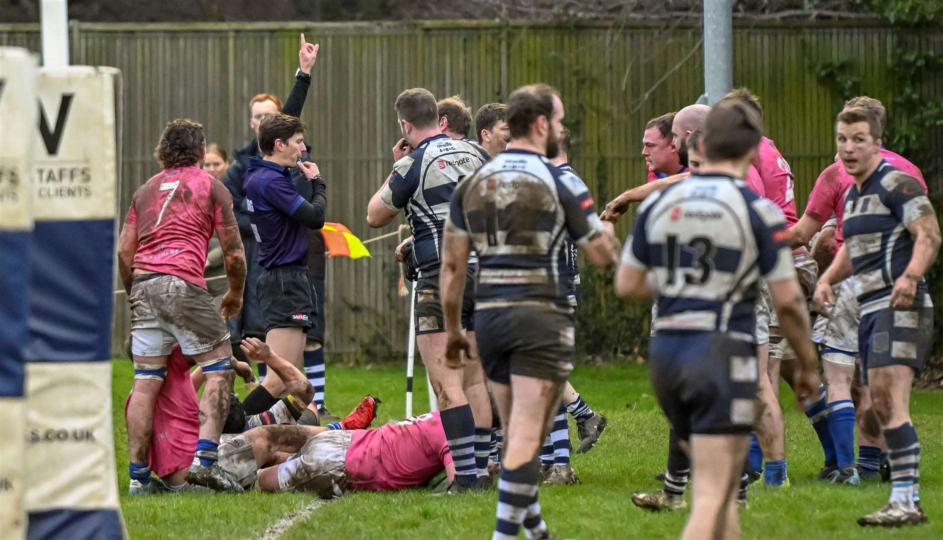 The referee signals a try for Diss in their key victory at Cantabrigian Picture: Keith Heppel