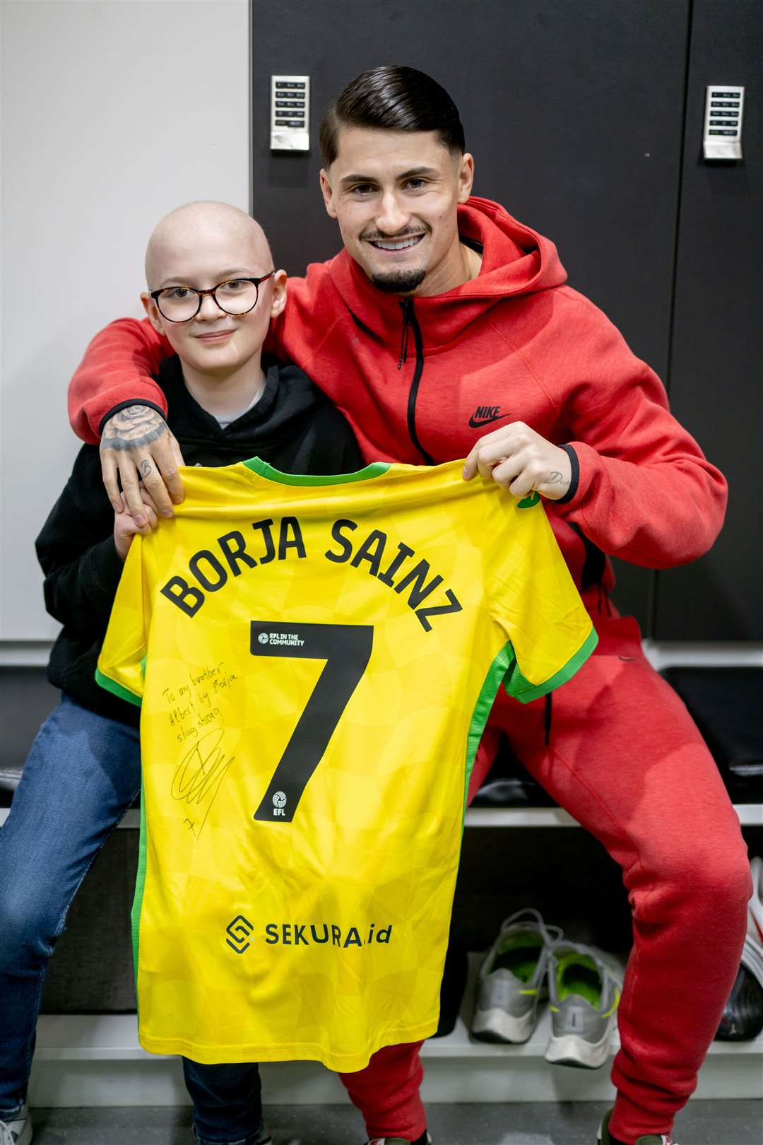 Albert and Borja with the signed shirt. Pictures: Norwich City/Matthew Usher