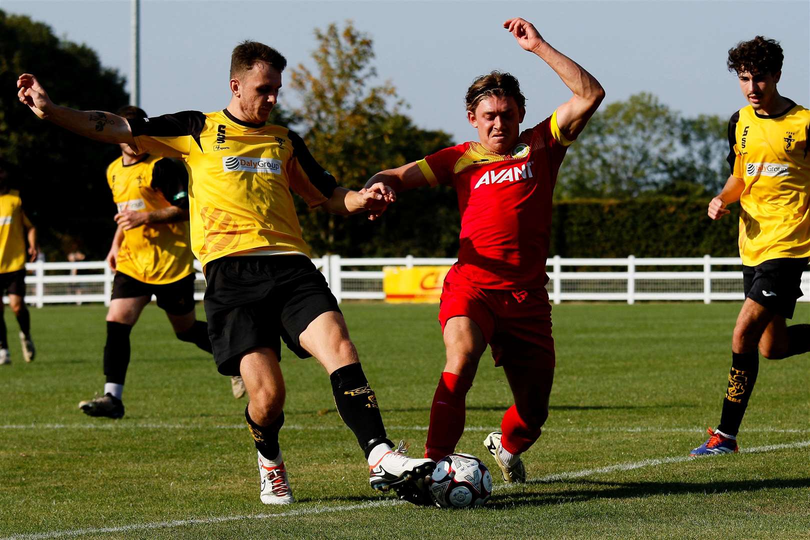 Kieran Twinn challenges with Charlie Mayhew. Picture: Mark Bullimore