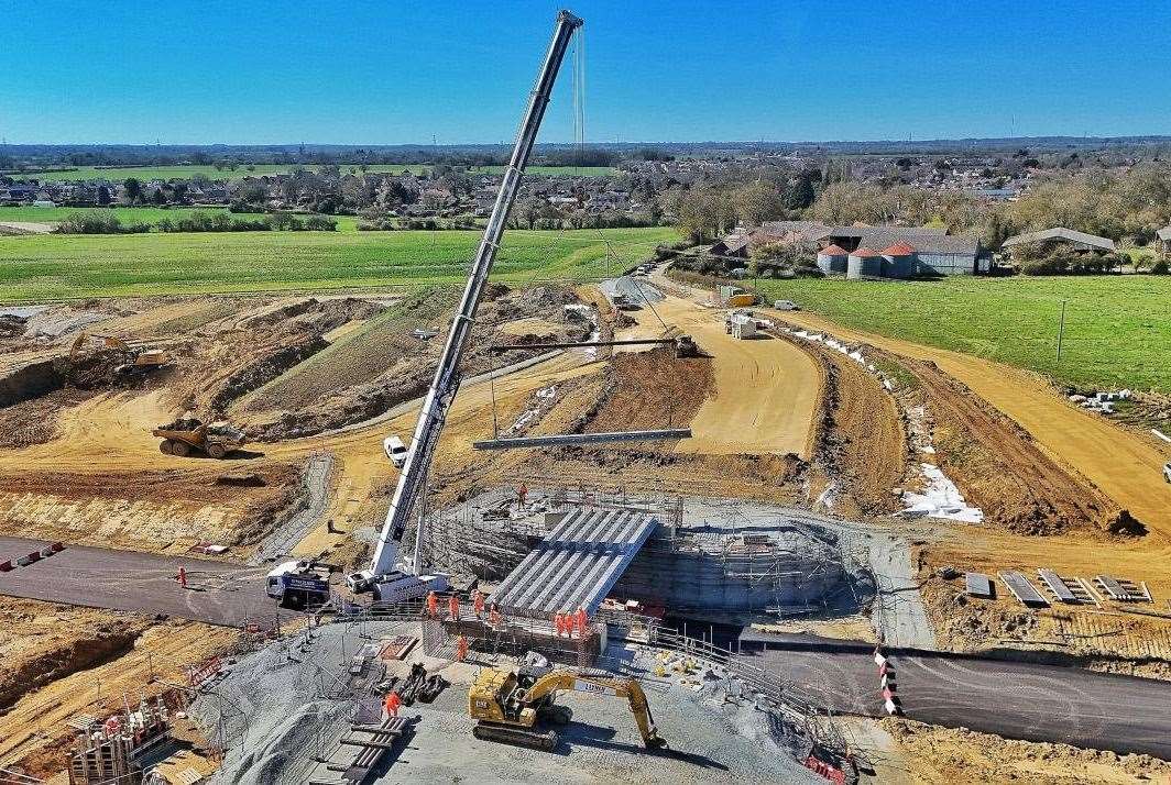 A 300-tonne crane was used to lift the 10 beams into place. Picture: Drone Vision Norfolk