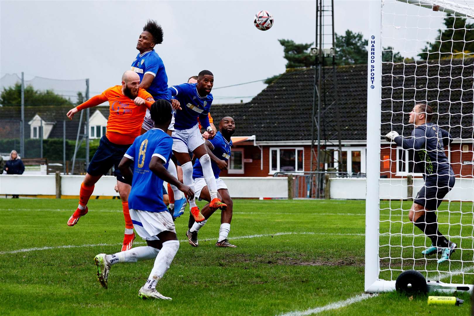 Diss Town captain Kyle Baker heads an effort goalwards. Picture: Mark Bullimore
