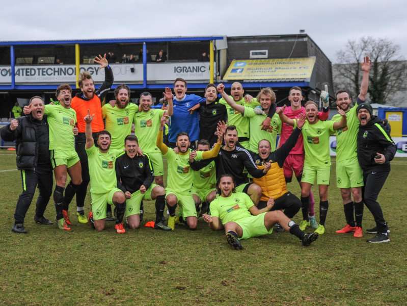 FINALISTS! Gym United players and management celebrate at the final whistle at Solihull Moors FC, following a 2-1 FA Sunday Cup semi-final victory over Mayfair FC Picture: Garry Griffiths