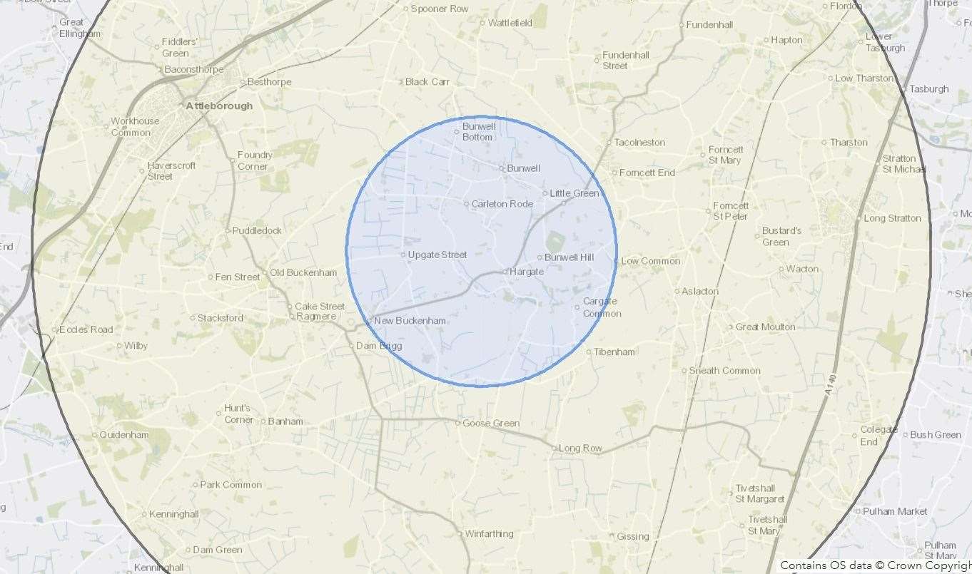 The area of the new 3km protection and 10km surveillance zones. Picture: APHA Interactive Avian Influenza Disease Map