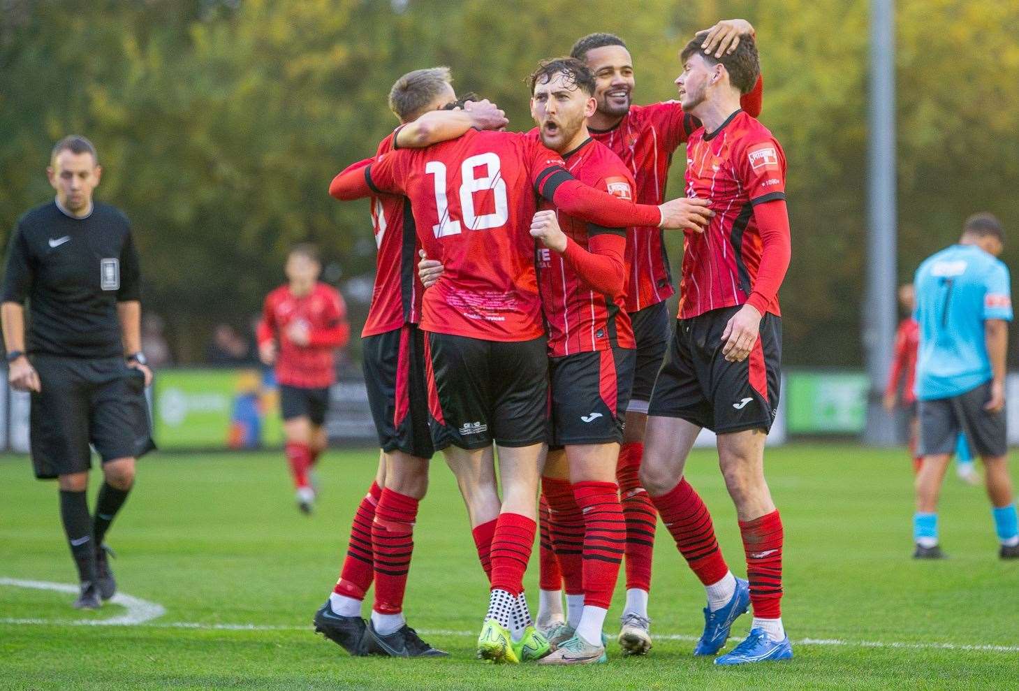 It was all smiles for Felixstowe & Walton United's players at the Martello Ground as they brought up 13 wins out of 13 this season with a 2-0 victory against Cambridge City Picture: Stefan Peck
