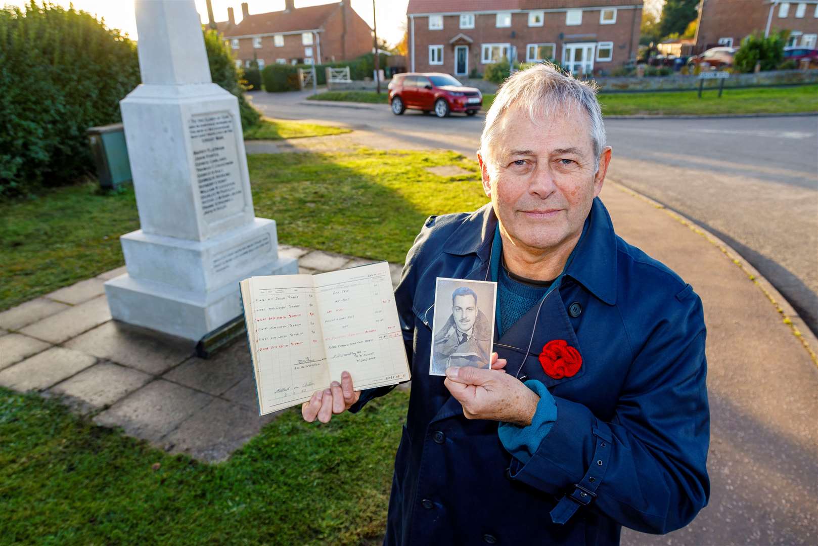 Bressingham, Norfolk, 11/11/2023Nick Lightbody Nephew of Sgt. Frank Reddicliffe Navigator of a Stirling of 75 (NZ) Sqn. which was flown from Newmarket. Pictured beside the War Memorial at Bressingham. Picture: Mark Bullimore Photography 2023