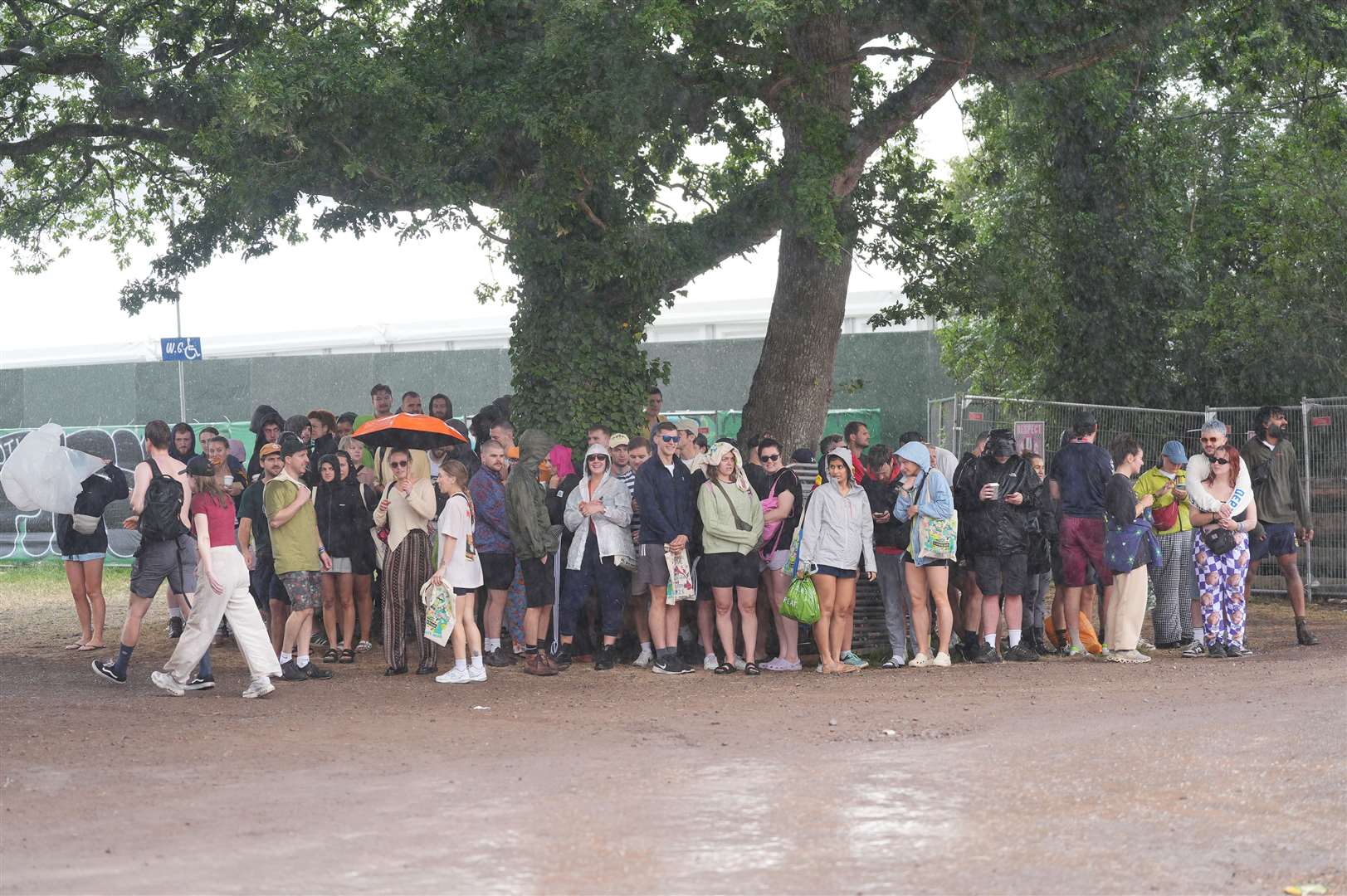 Revellers shelter under a tree at the festival (Yui Mok/PA)