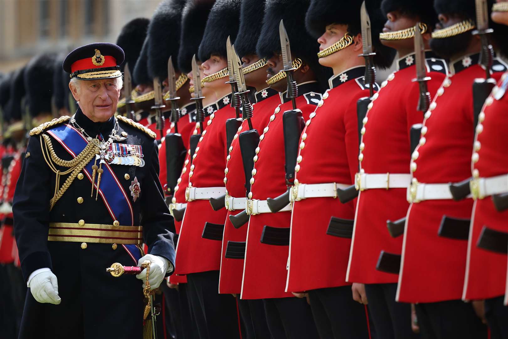 The King, Colonel-in-Chief of the Coldstream Guards, inspected the regiment during a ceremony at Windsor Castle, Berkshire, on Friday (Henry Nicholls/PA)
