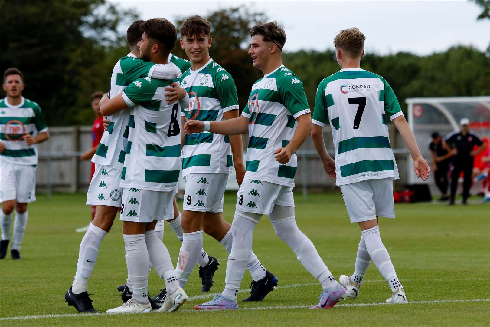 Framlingham players celebrate one of their six goals in Saturday’s convincing win at Haverhill Rovers which made it five wins from five Picture: Mark Bullimore