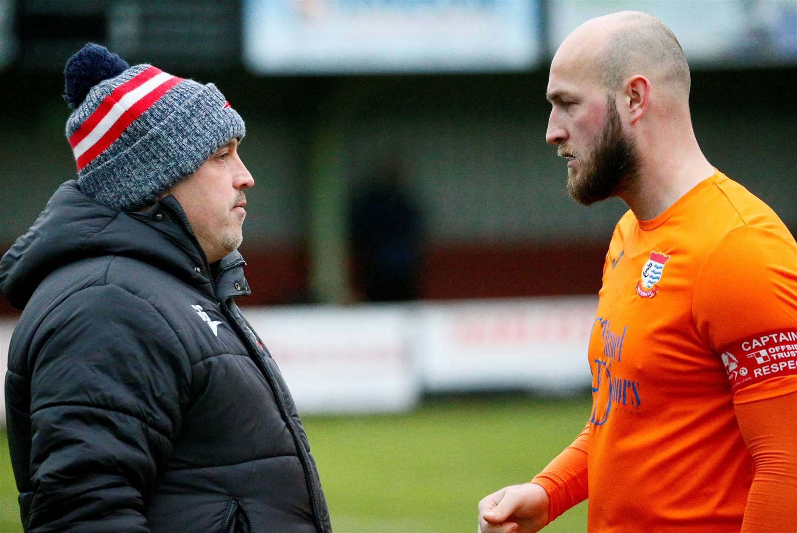 Diss Town manager Garth Good (left) with have his captain Kyle Baker (right) back for their play-off semi-final Picture: Mark Bullimore